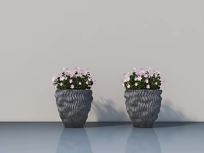 Two Gray Textured Potted Plants with Pink Flowers on Smooth Blue Tabletop against Light Wall 3d model