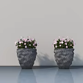 Two Gray Textured Potted Plants with Pink Flowers on Smooth Blue Tabletop against Light Wall