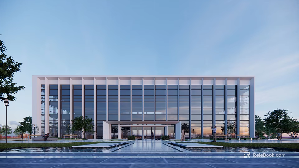 Modern Office Building With Glass Curtain Wall Spacious Entrance Front Plaza Trees And Sunset Sky 3d model 