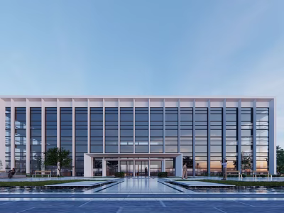 Modern Office Building With Glass Curtain Wall Spacious Entrance Front Plaza Trees And Sunset Sky 3d model