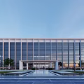 Modern Office Building With Glass Curtain Wall Spacious Entrance Front Plaza Trees And Sunset Sky