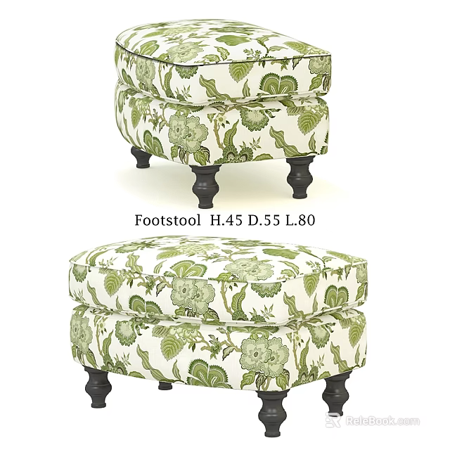 Green Floral Pattern Upholstered Footstool With Black Legs And Dimensions H45 D55 L80 3d model 