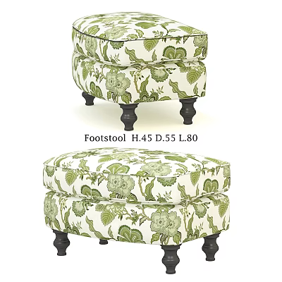 Green Floral Pattern Upholstered Footstool With Black Legs And Dimensions H45 D55 L80 3d model