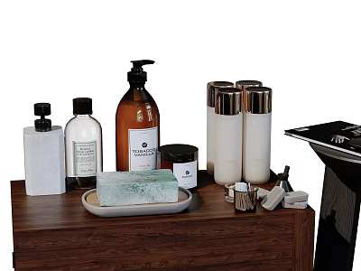 Natural Bathroom Set With Wooden Counter Brown Bottle White Jars And Green Soap Tray 3d model