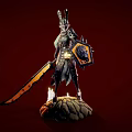 Mythical Game Character With Horned Armor Saw Sword Shield Stone Base Candles On Red Background