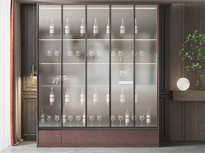 Modern Wine Cabinet With Glass Doors And Shelves For Wine Bottles And Glasses 3d model