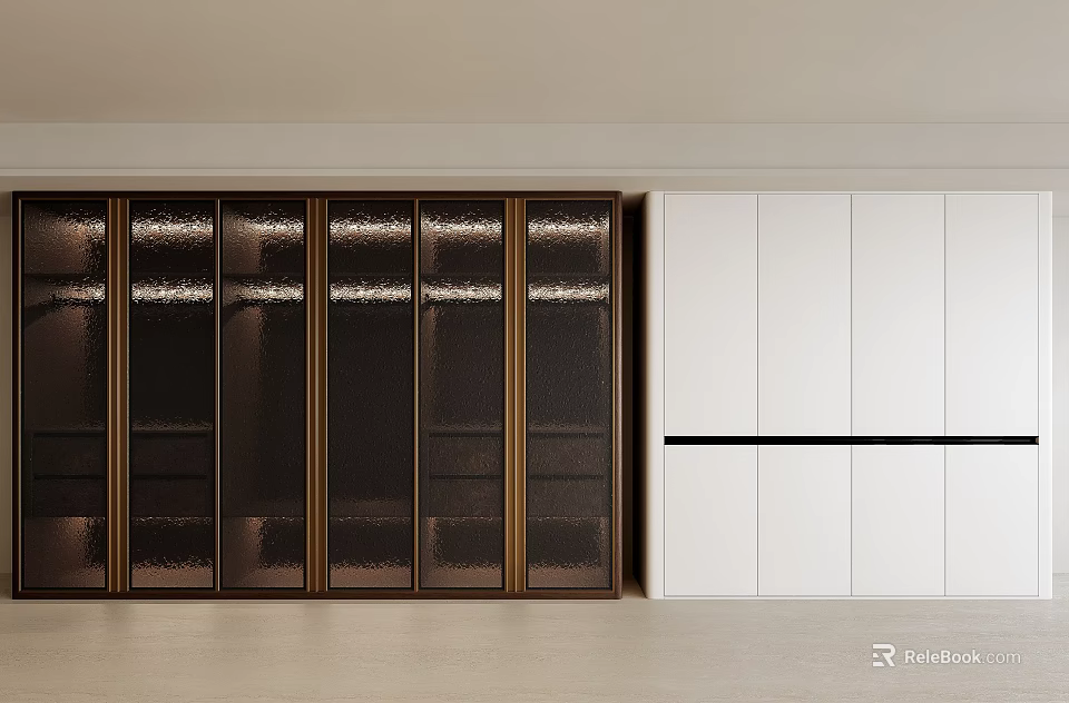 Modern Wardrobes Design Dark Colored With Golden Frames Glass Doors And White With Black Stripe 3d model 
