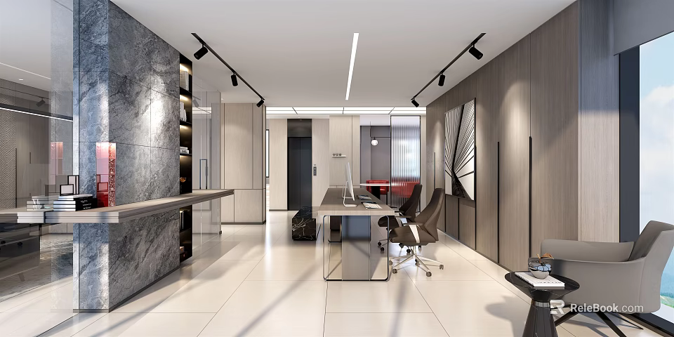 Modern Office Interior Design With Spacious Layout Wooden Elements Ergonomic Chair And Recessed Lighting 3d model 