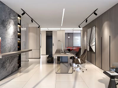 Modern Office Interior Design With Spacious Layout Wooden Elements Ergonomic Chair And Recessed Lighting 3d model
