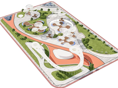 Park Landscape Design With Curved Walking Paths Green Lawns And Water Features 3d model