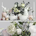 Elegant Decorative Ornament Set With White Bunny Figurines Woven Baskets White Flowers And Cupcake Decorations