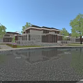 Modern Detached Villa By Waterfront With Stone Exterior Large Windows Lush Trees And Scenic View