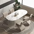 Oval Marble Dining Table With Four Light Colored Chairs And Circular Striped Rug 3d model
