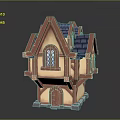 Cartoon Fantasy House With Pointed Red Roof Blue Tiles Yellow Walls And Arched Window