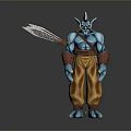 Mythical Blue Horned Creature 3D Model With Spear Brown Pants And Arm Wraps