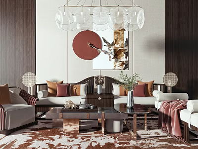 Elegant Modern Sofa And Coffee Table Set With Glass Chandelier Art Painting Decorative Pillows And Patterned Rug 3d model