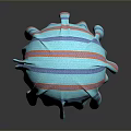 Blue Green Striped Fabric Covered Round Object With Orange And Blue Lines
