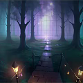 Enchanted Forest Path With Misty Trees And Glowing Lanterns Under Twilight Light 3d model
