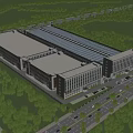 Industrial Factory Building Exterior View With Flat Roof Green Surroundings Road And Parking Area