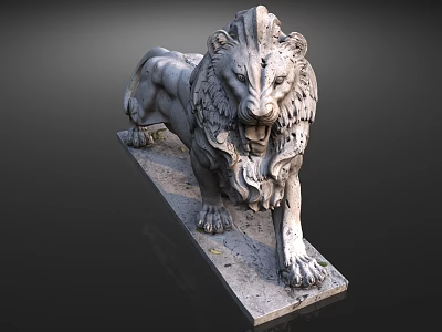 Traditional Stone Lion Sculpture with Detailed Mane and Claws on Pedestal 3d model