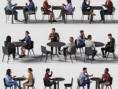 People Sitting At Round Tables With Modern Chairs Having Casual Conversations In Contemporary Space 3d model