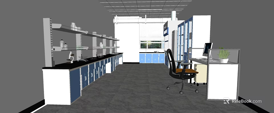 Modern Lab Interior With Long Benches Blue Cabinets White Shelves Windows Computer And Chair 3d model 