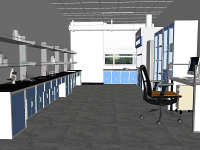 Modern Lab Interior With Long Benches Blue Cabinets White Shelves Windows Computer And Chair 3d model