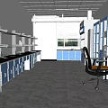 Modern Lab Interior With Long Benches Blue Cabinets White Shelves Windows Computer And Chair