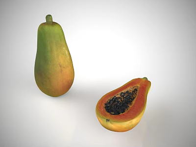 Whole and Sliced Papaya Fruit Displaying Fresh Flesh and Black Seeds Inside 3d model