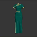 Green Traditional Cheongsam with Gold Trim Collar Cuffs and Waistband Long Elegant Chinese Dress