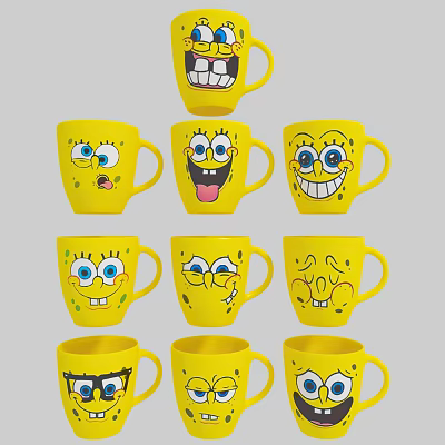 Yellow SpongeBob Themed Mugs with Various Facial Expressions and Fun Designs 3d model Yellow SpongeBob Themed Mugs with Various Facial Expressions and Fun Designs 3d model