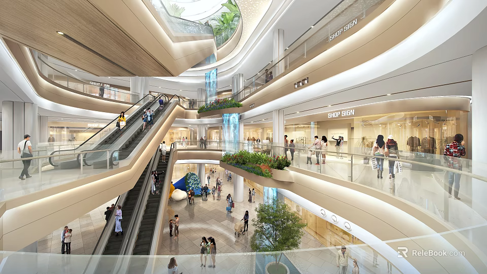 Spacious Multi Level Shopping Mall Interior With Escalators Green Plants And Retail Stores For Shoppers 3d model 