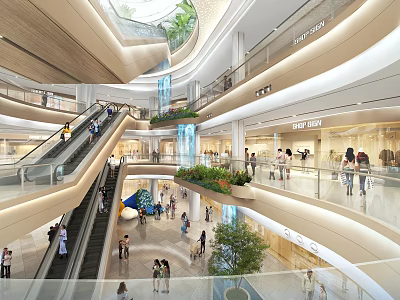 Spacious Multi Level Shopping Mall Interior With Escalators Green Plants And Retail Stores For Shoppers 3d model