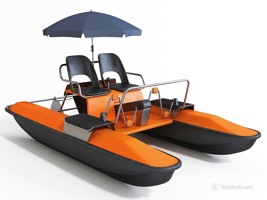 Orange Black Catamaran Boat With Black Seats And Blue Sunshade Umbrella 3d model 