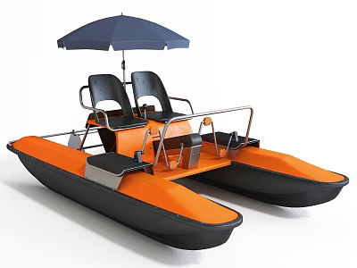 Orange Black Catamaran Boat With Black Seats And Blue Sunshade Umbrella 3d model