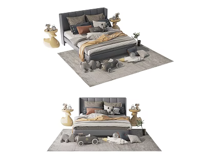 Modern Children's Bed With Soft Mattress Decorative Pillows And Toy Accessories 3d model