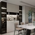 Modern Living Dining Room With Beige Curved Sofa Green Pillow Round Coffee Table And Dining Chairs