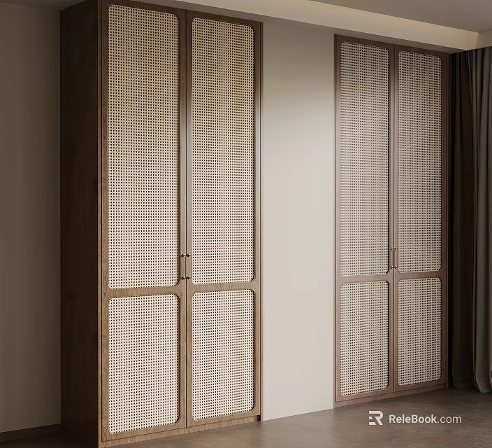 Modern Wooden Wardrobe With Rattan Grid Doors In Minimalist Interior Space 3d model 