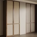 Modern Wooden Wardrobe With Rattan Grid Doors In Minimalist Interior Space