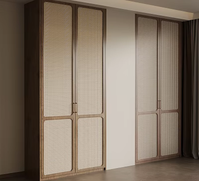 Modern Wooden Wardrobe With Rattan Grid Doors In Minimalist Interior Space 3d model
