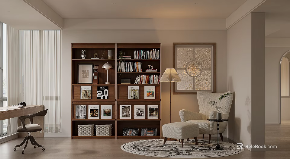 Cozy Modern Study Room Interior With Wooden Bookshelf Books Armchair And Decorative Painting 3d model 
