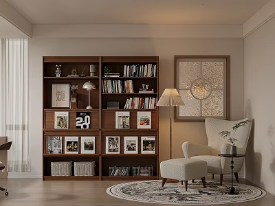 Cozy Modern Study Room Interior With Wooden Bookshelf Books Armchair And Decorative Painting 3d model