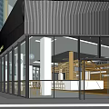 Modern Café Entrance With Glass Doors And Bright Interior Featuring Wooden Beams And Bar Counter