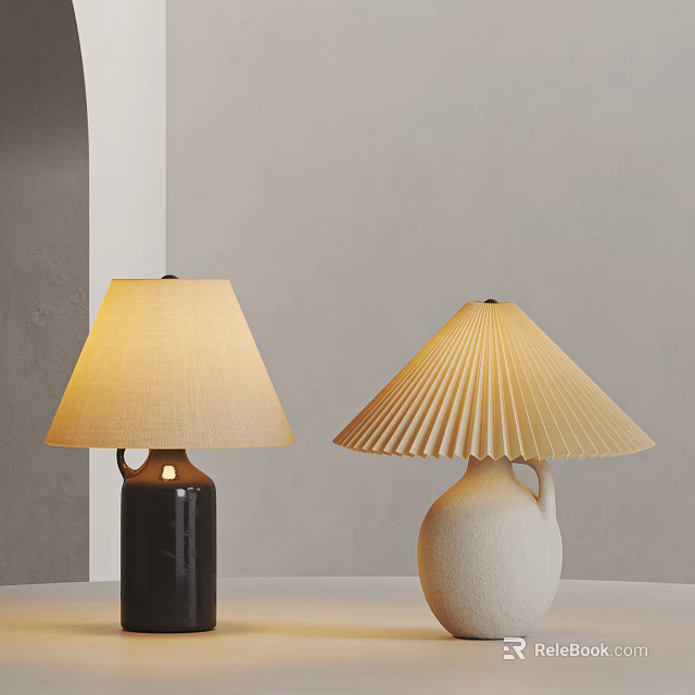 Black And White Vase Base Table Lamps With Fabric And Pleated Shades On Light Table 3d model 