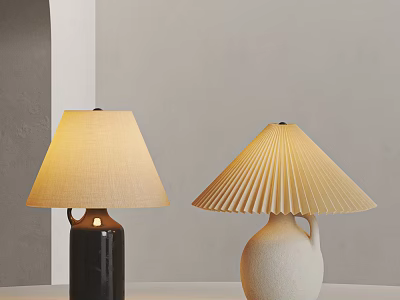 Black And White Vase Base Table Lamps With Fabric And Pleated Shades On Light Table 3d model