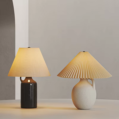 Black And White Vase Base Table Lamps With Fabric And Pleated Shades On Light Table 3d model