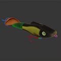 3D Rendered Shiny Fishing Lure With Yellow Black Body Orange Tail And Metal Hooks