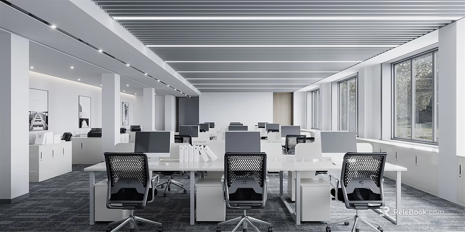 Modern Public Office Space With White Workstations Black Chairs Computers Large Windows And Ceiling Lights 3d model