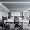 Modern Public Office Space With White Workstations Black Chairs Computers Large Windows And Ceiling Lights 3d model