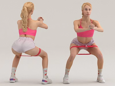 Woman Doing Squat Exercise With Resistance Band In Pink Sports Bra And Shorts 3d model